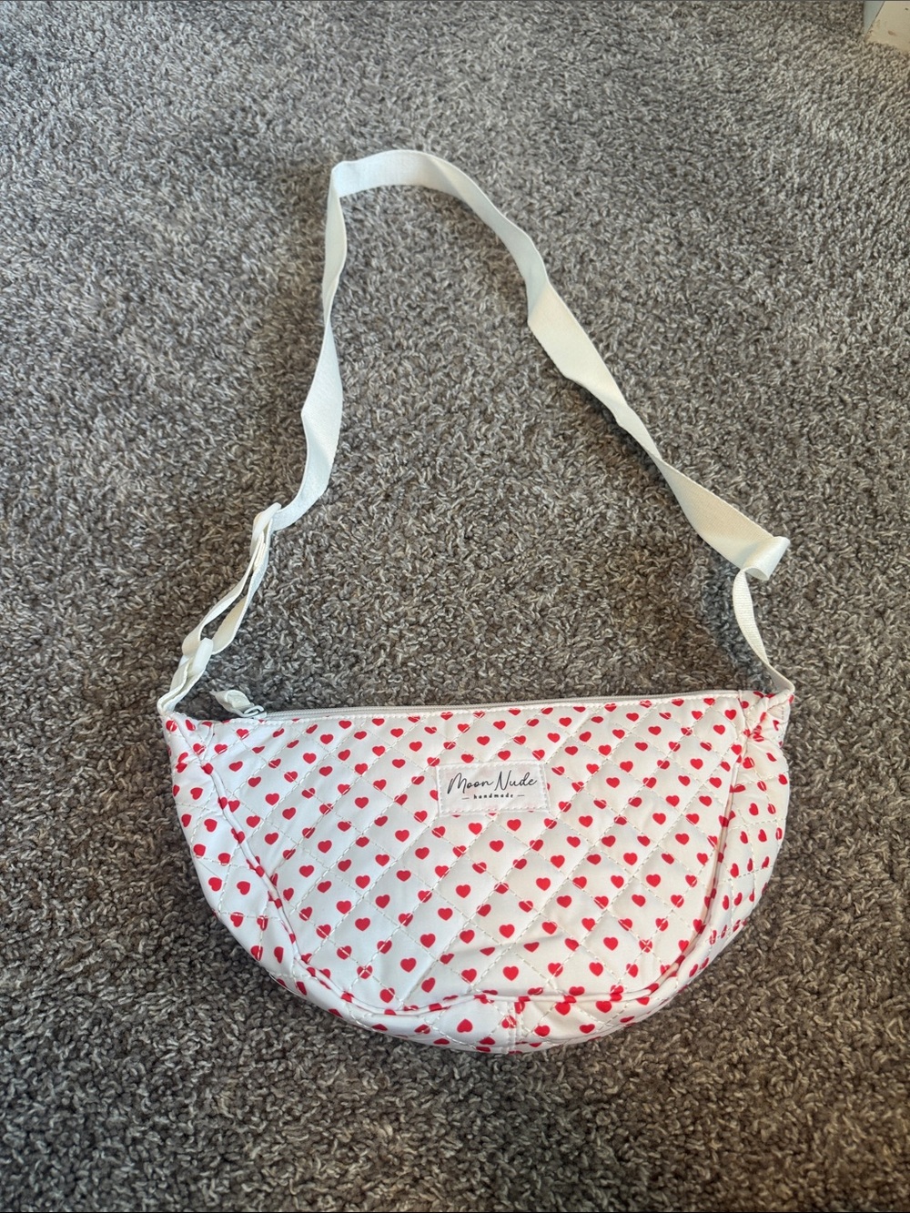 Moon Nude Quilted Crossbody Bag White with Red Heart Print